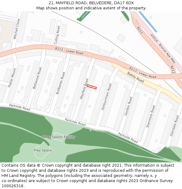 21, MAYFIELD ROAD, BELVEDERE, DA17 6DX: Location map and indicative extent of plot