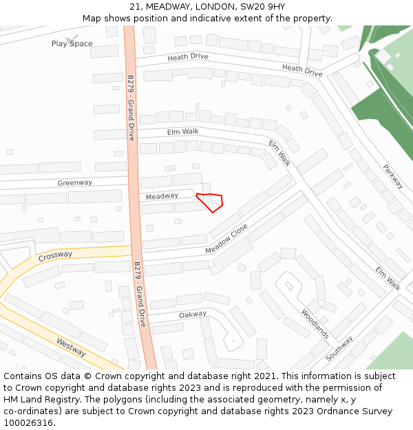 21, MEADWAY, LONDON, SW20 9HY: Location map and indicative extent of plot