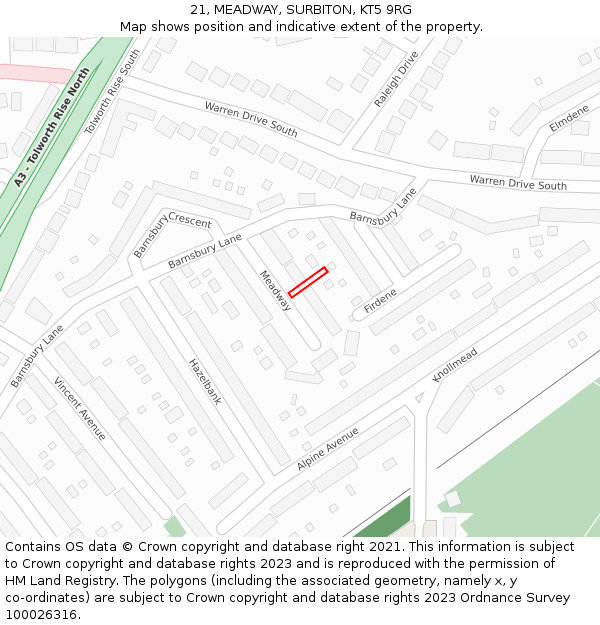 21, MEADWAY, SURBITON, KT5 9RG: Location map and indicative extent of plot