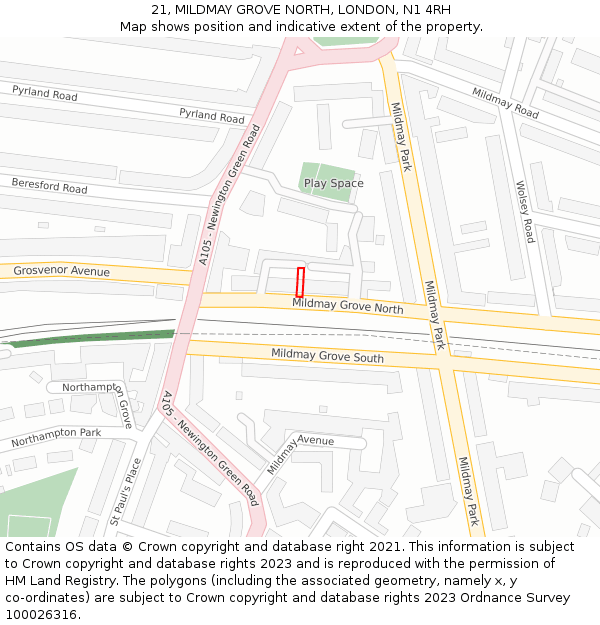21, MILDMAY GROVE NORTH, LONDON, N1 4RH: Location map and indicative extent of plot