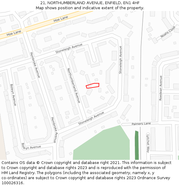 21, NORTHUMBERLAND AVENUE, ENFIELD, EN1 4HF: Location map and indicative extent of plot