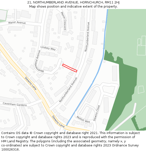 21, NORTHUMBERLAND AVENUE, HORNCHURCH, RM11 2HJ: Location map and indicative extent of plot