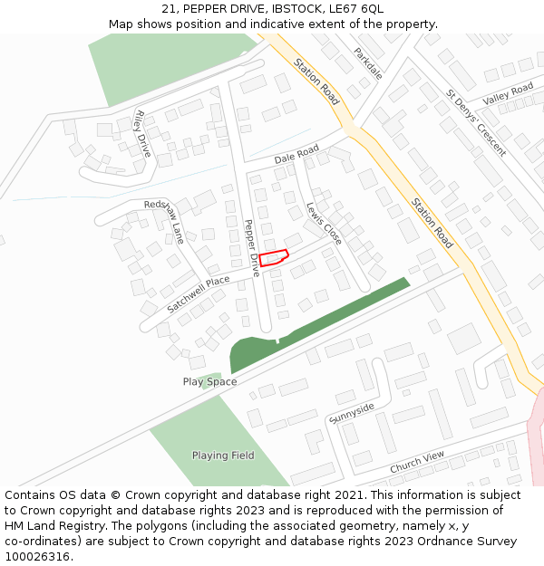 21, PEPPER DRIVE, IBSTOCK, LE67 6QL: Location map and indicative extent of plot
