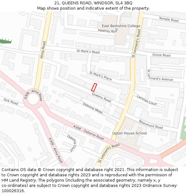 21, QUEENS ROAD, WINDSOR, SL4 3BQ: Location map and indicative extent of plot