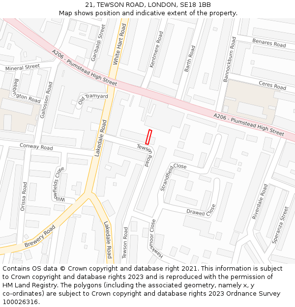 21, TEWSON ROAD, LONDON, SE18 1BB: Location map and indicative extent of plot