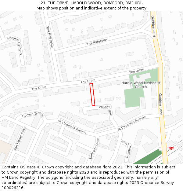 21, THE DRIVE, HAROLD WOOD, ROMFORD, RM3 0DU: Location map and indicative extent of plot