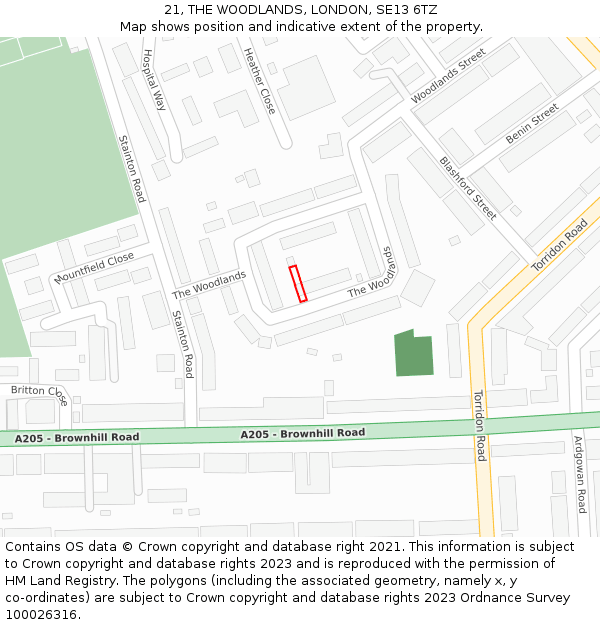 21, THE WOODLANDS, LONDON, SE13 6TZ: Location map and indicative extent of plot