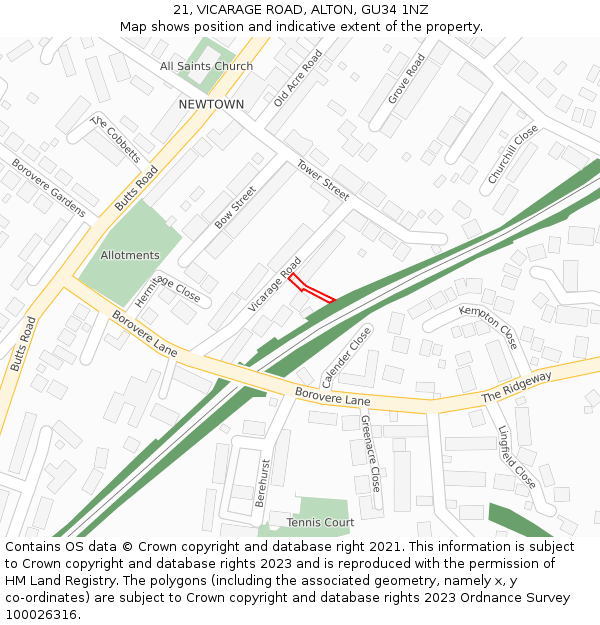 21, VICARAGE ROAD, ALTON, GU34 1NZ: Location map and indicative extent of plot