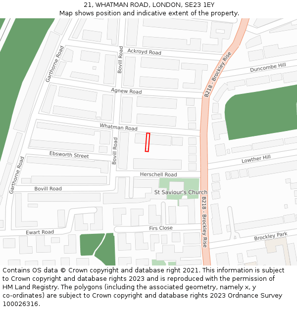 21, WHATMAN ROAD, LONDON, SE23 1EY: Location map and indicative extent of plot