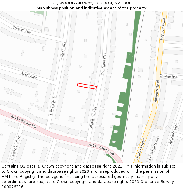 21, WOODLAND WAY, LONDON, N21 3QB: Location map and indicative extent of plot
