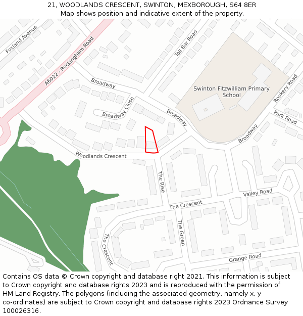 21, WOODLANDS CRESCENT, SWINTON, MEXBOROUGH, S64 8ER: Location map and indicative extent of plot