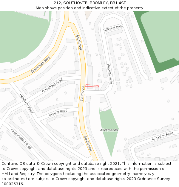 212, SOUTHOVER, BROMLEY, BR1 4SE: Location map and indicative extent of plot