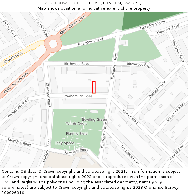 215, CROWBOROUGH ROAD, LONDON, SW17 9QE: Location map and indicative extent of plot