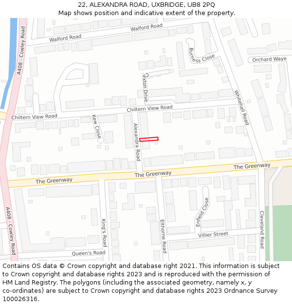 22, ALEXANDRA ROAD, UXBRIDGE, UB8 2PQ: Location map and indicative extent of plot