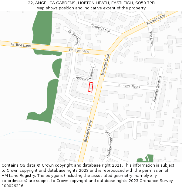 22, ANGELICA GARDENS, HORTON HEATH, EASTLEIGH, SO50 7PB: Location map and indicative extent of plot