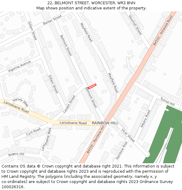 22, BELMONT STREET, WORCESTER, WR3 8NN: Location map and indicative extent of plot