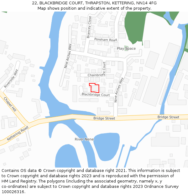 22, BLACKBRIDGE COURT, THRAPSTON, KETTERING, NN14 4FG: Location map and indicative extent of plot
