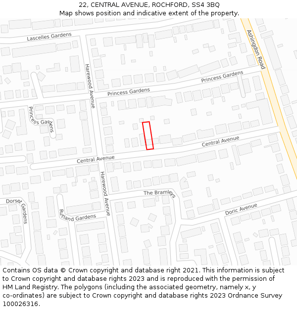 22, CENTRAL AVENUE, ROCHFORD, SS4 3BQ: Location map and indicative extent of plot