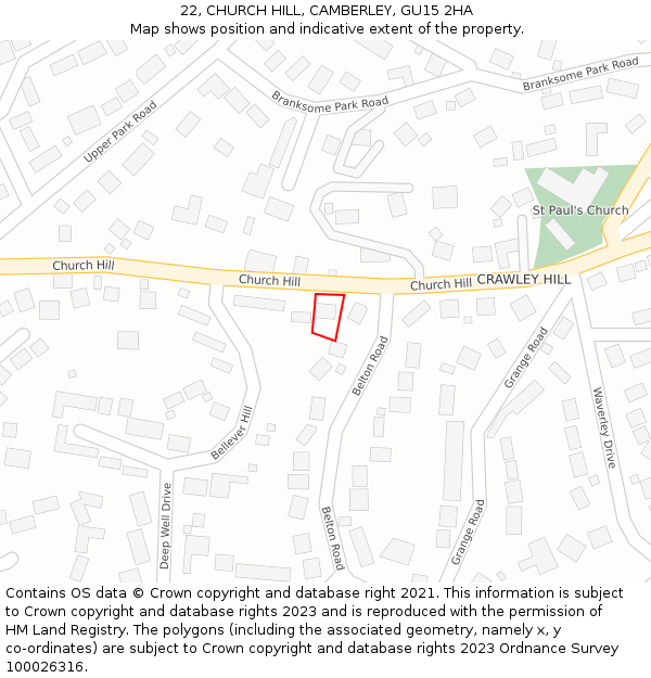 22, CHURCH HILL, CAMBERLEY, GU15 2HA: Location map and indicative extent of plot