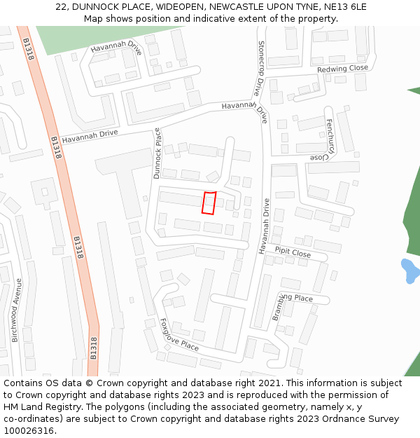 22, DUNNOCK PLACE, WIDEOPEN, NEWCASTLE UPON TYNE, NE13 6LE: Location map and indicative extent of plot