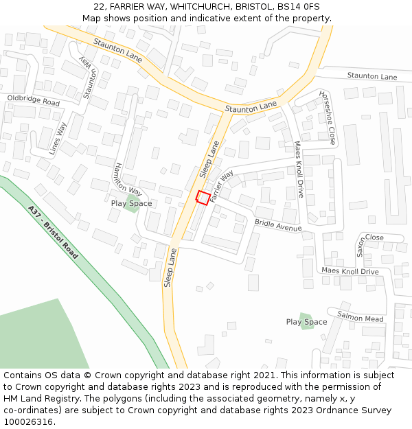 22, FARRIER WAY, WHITCHURCH, BRISTOL, BS14 0FS: Location map and indicative extent of plot