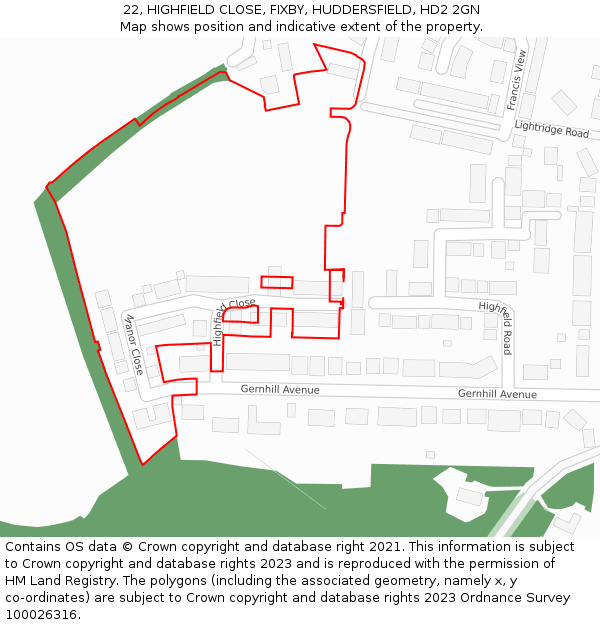 22, HIGHFIELD CLOSE, FIXBY, HUDDERSFIELD, HD2 2GN: Location map and indicative extent of plot