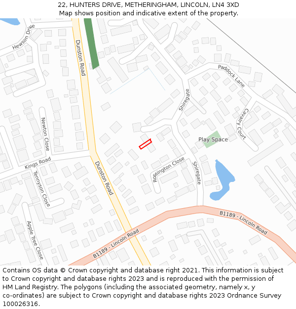 22, HUNTERS DRIVE, METHERINGHAM, LINCOLN, LN4 3XD: Location map and indicative extent of plot