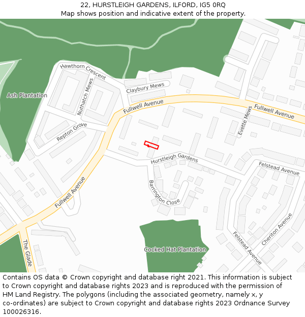 22, HURSTLEIGH GARDENS, ILFORD, IG5 0RQ: Location map and indicative extent of plot