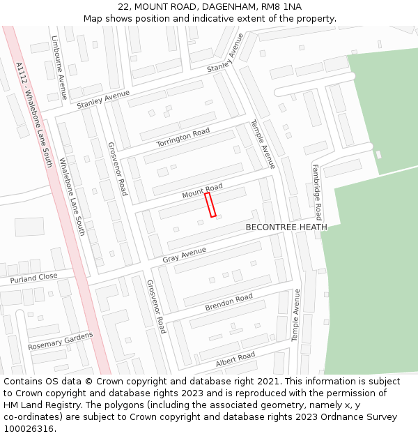 22, MOUNT ROAD, DAGENHAM, RM8 1NA: Location map and indicative extent of plot