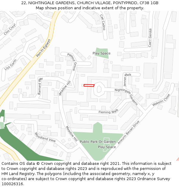 22, NIGHTINGALE GARDENS, CHURCH VILLAGE, PONTYPRIDD, CF38 1GB: Location map and indicative extent of plot