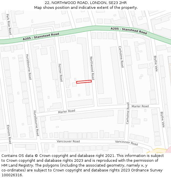 22, NORTHWOOD ROAD, LONDON, SE23 2HR: Location map and indicative extent of plot