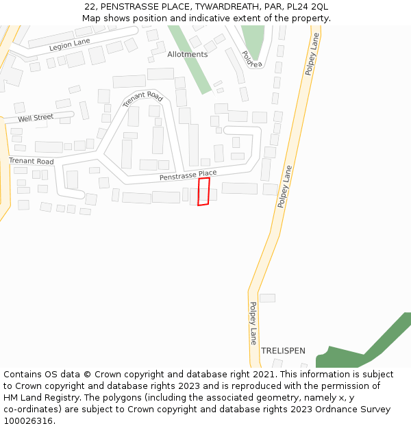 22, PENSTRASSE PLACE, TYWARDREATH, PAR, PL24 2QL: Location map and indicative extent of plot