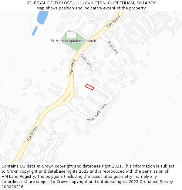 22, ROYAL FIELD CLOSE, HULLAVINGTON, CHIPPENHAM, SN14 6DY: Location map and indicative extent of plot