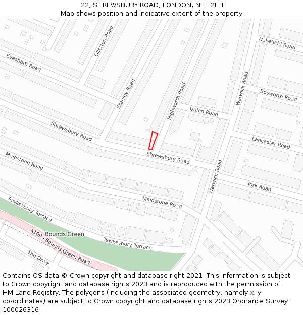 22, SHREWSBURY ROAD, LONDON, N11 2LH: Location map and indicative extent of plot