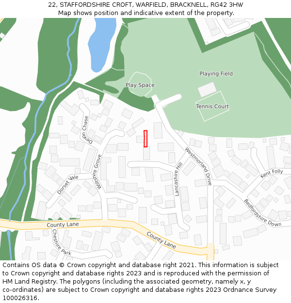 22, STAFFORDSHIRE CROFT, WARFIELD, BRACKNELL, RG42 3HW: Location map and indicative extent of plot