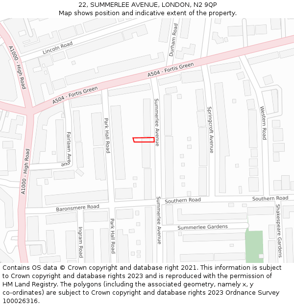 22, SUMMERLEE AVENUE, LONDON, N2 9QP: Location map and indicative extent of plot