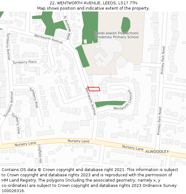 22, WENTWORTH AVENUE, LEEDS, LS17 7TN: Location map and indicative extent of plot