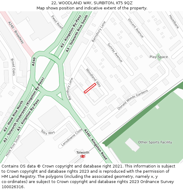 22, WOODLAND WAY, SURBITON, KT5 9QZ: Location map and indicative extent of plot