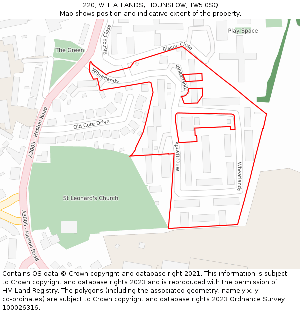 220, WHEATLANDS, HOUNSLOW, TW5 0SQ: Location map and indicative extent of plot