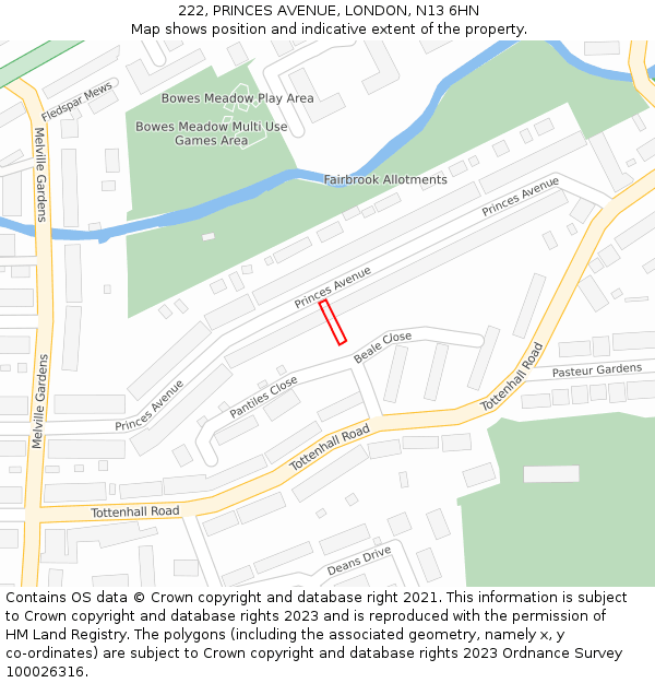 222, PRINCES AVENUE, LONDON, N13 6HN: Location map and indicative extent of plot