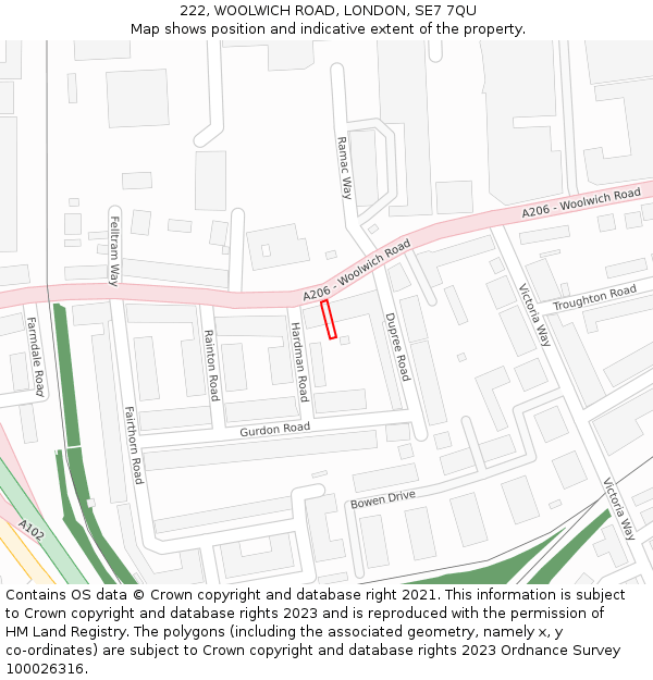 222, WOOLWICH ROAD, LONDON, SE7 7QU: Location map and indicative extent of plot