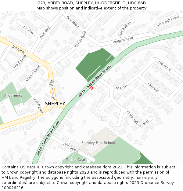 223, ABBEY ROAD, SHEPLEY, HUDDERSFIELD, HD8 8AB: Location map and indicative extent of plot