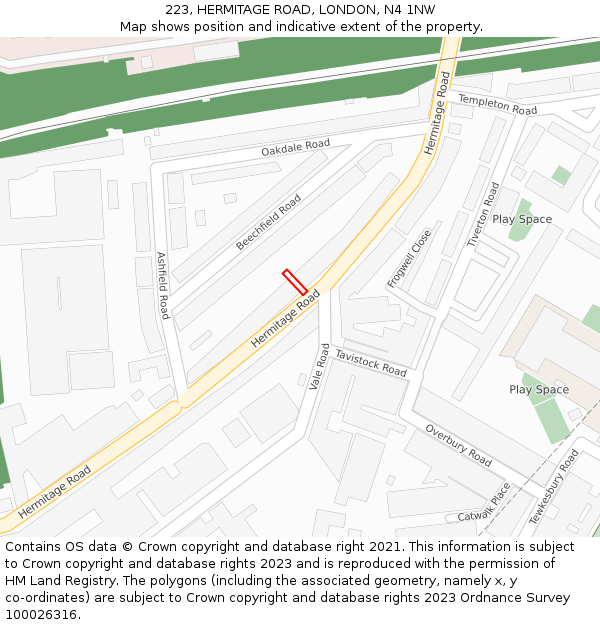 223, HERMITAGE ROAD, LONDON, N4 1NW: Location map and indicative extent of plot