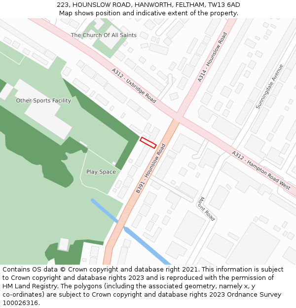 223, HOUNSLOW ROAD, HANWORTH, FELTHAM, TW13 6AD: Location map and indicative extent of plot
