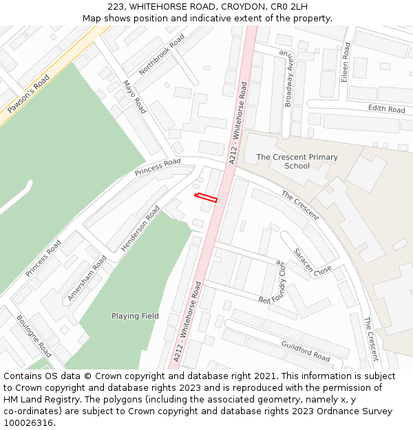 223, WHITEHORSE ROAD, CROYDON, CR0 2LH: Location map and indicative extent of plot