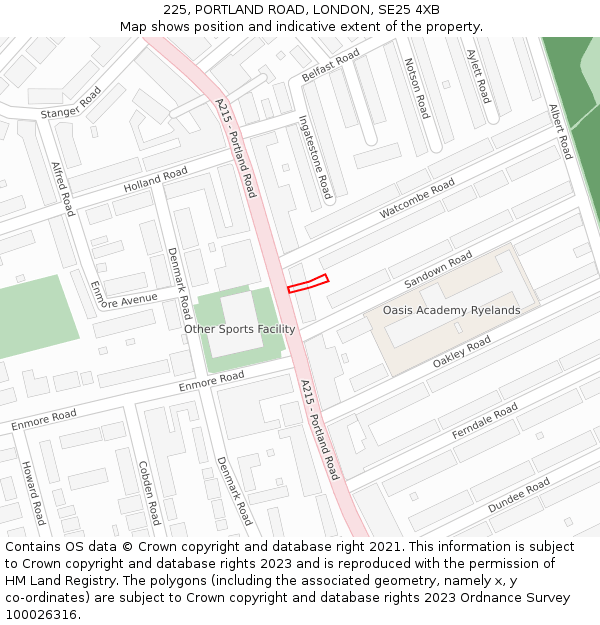 225, PORTLAND ROAD, LONDON, SE25 4XB: Location map and indicative extent of plot