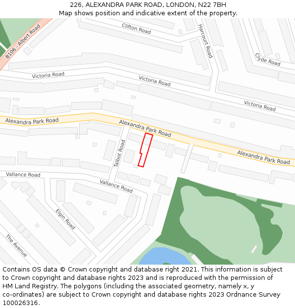 226, ALEXANDRA PARK ROAD, LONDON, N22 7BH: Location map and indicative extent of plot