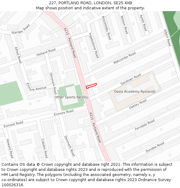 227, PORTLAND ROAD, LONDON, SE25 4XB: Location map and indicative extent of plot