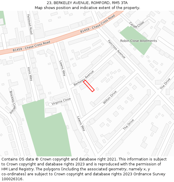 23, BERKELEY AVENUE, ROMFORD, RM5 3TA: Location map and indicative extent of plot