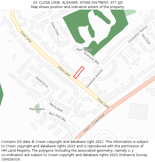 23, CLOSE LANE, ALSAGER, STOKE-ON-TRENT, ST7 2JS: Location map and indicative extent of plot